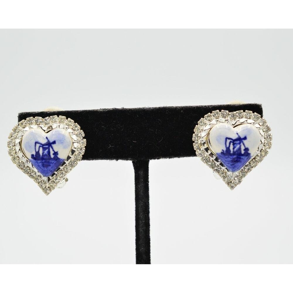 Vintage Heart Clip On Earrings Rhinestone Crystal Lighthouse Painted Blue BinH